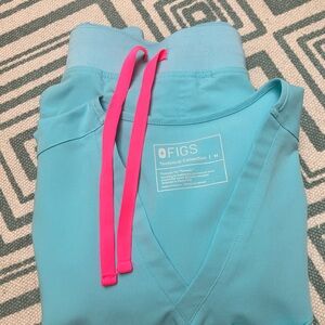 Figs Women's Scrub Top in Blue with Pink Accents